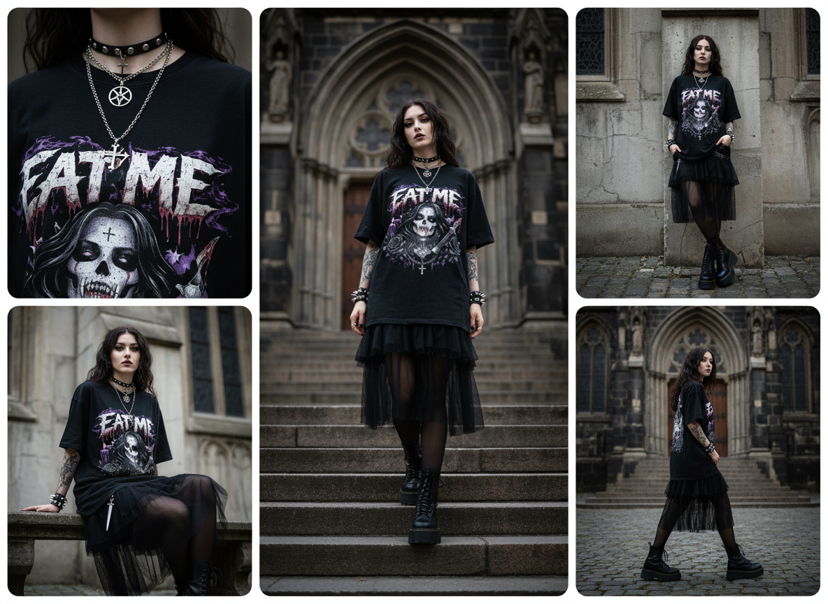 Death Bride Eat Me Graphic Tee | Grim Reaper Horror Streetwear Shirt | Goth Oversized Tee
